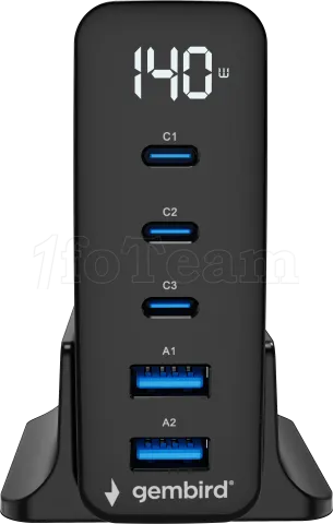 Photo de Chargeur secteur Gembird GaN 2x USB-A + 3x USB-C 140W (Noir)