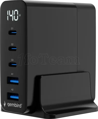 Photo de Chargeur secteur Gembird GaN 2x USB-A + 3x USB-C 140W (Noir)