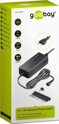 Photo de Chargeur secteur Goobay à tension variable (5-15V) 3A - 8 embouts