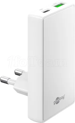 Photo de Chargeur secteur Goobay Fast Charger 90° Flat 1x USB-C + 1x USB-A 45W (Blanc)