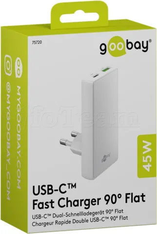 Photo de Chargeur secteur Goobay Fast Charger 90° Flat 1x USB-C + 1x USB-A 45W (Blanc)