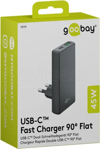 Photo de Chargeur secteur Goobay Fast Charger 90° Flat 1x USB-C + 1x USB-A 45W (Noir)