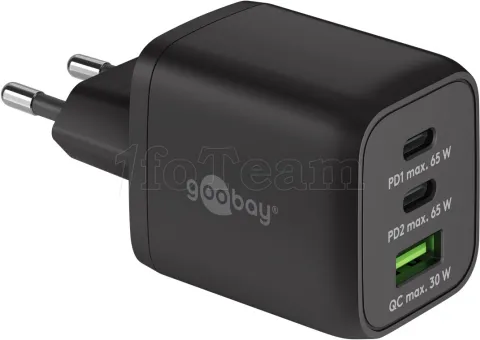 Photo de Chargeur secteur Goobay Multiport Nano 1x port USB-A + 2x ports USB-C 65W (Noir)