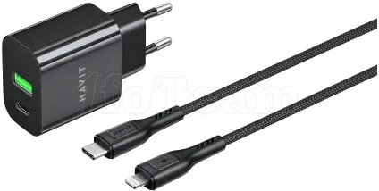 Photo de Chargeur secteur Havit ST925 - 1x USB-C + 1x USB-A 60W avec câble Lightning (Noir)