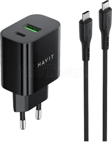 Photo de Chargeur secteur Havit ST926 - 1x USB-C + 1x USB-A 60W avec câble USB-C (Noir)
