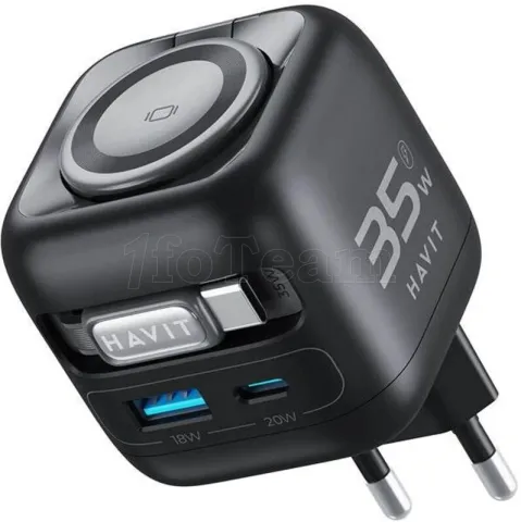 Photo de Chargeur secteur Havit t UC250-A - 1x USB-C + 1x USB-A + cable USB-C intégré  35W (Noir)