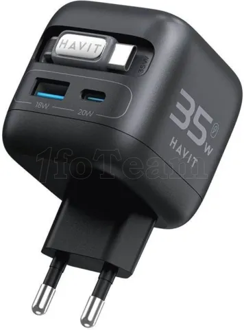 Photo de Chargeur secteur Havit t UC250-A - 1x USB-C + 1x USB-A + cable USB-C intégré  35W (Noir)