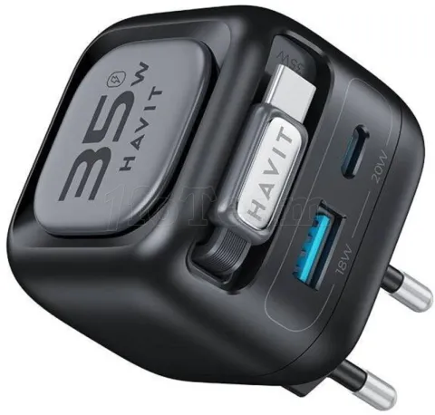 Photo de Chargeur secteur Havit t UC250-A - 1x USB-C + 1x USB-A + cable USB-C intégré  35W (Noir)