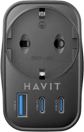 Photo de Chargeur secteur Havit UC142 - 2x USB-C + 1x USB-A + Prise FR (Noir)