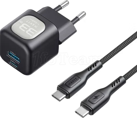Photo de Chargeur secteur Havit UC233 - 1x USB-C + 1x USB-A 33W avec câble USB-C (Noir)