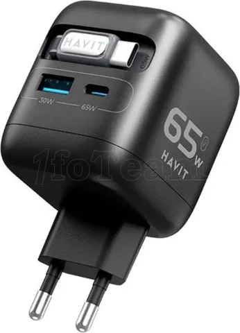 Photo de Chargeur secteur Havit UC252 - 1x USB-C + 1x USB-A 65W avec câble USB-C (Noir)