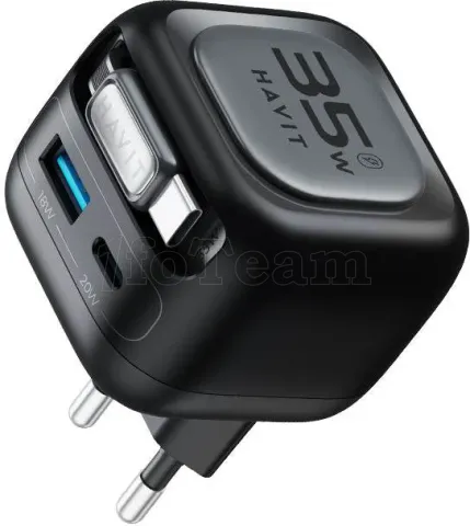 Photo de Chargeur secteur Havit UC253 - 1x USB-A + 1x USB-C 35W avec câble USB-C (Noir)