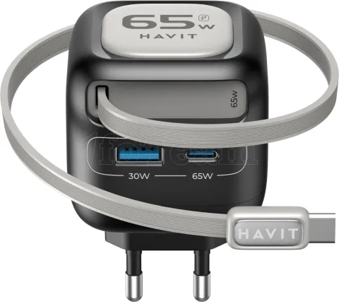 Photo de Chargeur secteur Havit UC253 - 1x USB-A + 1x USB-C 65W avec câble USB-C (Noir)