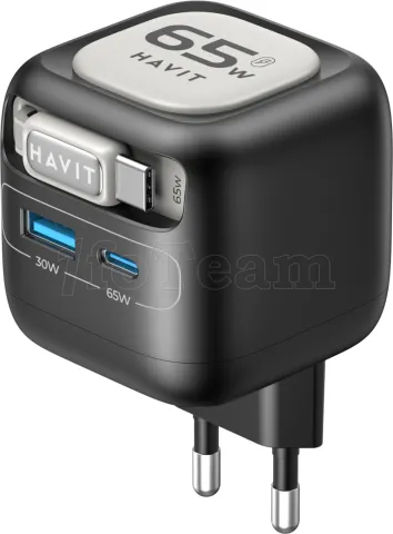 Photo de Chargeur secteur Havit UC253 - 1x USB-A + 1x USB-C 65W avec câble USB-C (Noir)