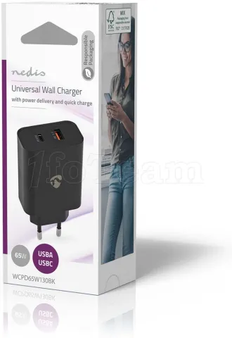 Photo de Chargeur secteur Nedis 1 port USB-A + 1 port USB-C 65W (Noir)