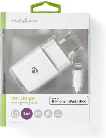 Photo de Chargeur secteur Nedis 1 port USB + cable USB vers Lightning (Blanc)