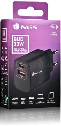 Photo de Chargeur secteur NGS Bud 1x USB-C + 1x USB-A 33W (Noir)