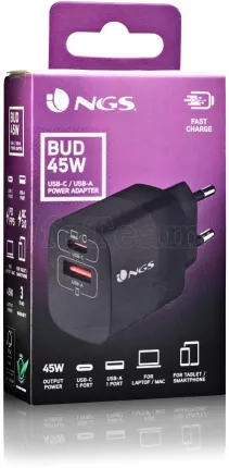 Photo de Chargeur secteur NGS Bud 1x USB-C + 1x USB-A 45W (Noir)