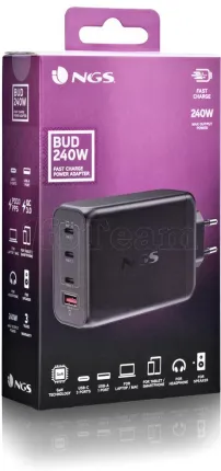 Photo de Chargeur secteur NGS Bud 3x USB-C + 1x USB-A 240W (Noir)
