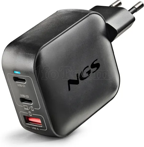 Photo de Chargeur secteur NGS Bud Tiny 2x USB-C + 1x USB-A 100W (Noir)