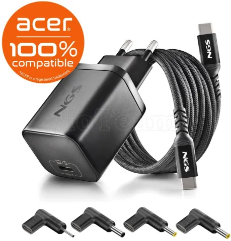 Photo de Chargeur secteur NGS Bud USB-C pour ordinateur portable ACER 65W + embout USB-C (Noir)