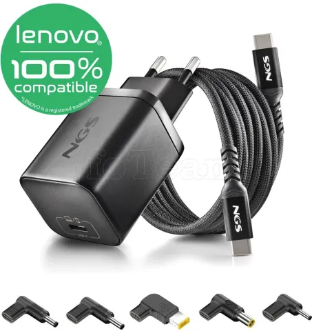 Photo de Chargeur secteur NGS Bud USB-C pour ordinateur portable Lenovo 65W + embout USB-C (Noir)