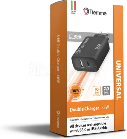 Photo de Chargeur secteur Tiemme 1 port USB-A + 1 port USB-C 38W (Noir)