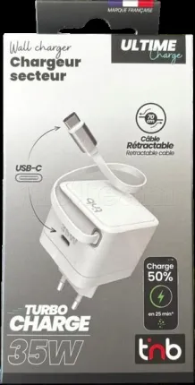 Photo de Chargeur secteur T'nB Tug'n Block 2x USB-C avec câble rétractable 35W (Blanc)