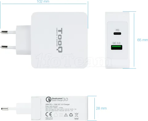 Photo de Chargeur secteur TooQ 1x port USB-A + 1x port USB-C 48W (Noir)