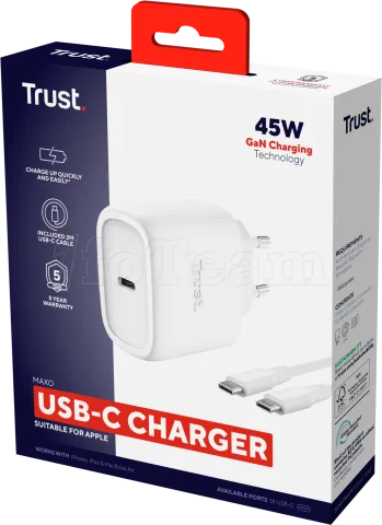 Photo de Chargeur secteur Trust Maxo 1x port USB-C - 45W- Cable 2m inclus (Blanc)