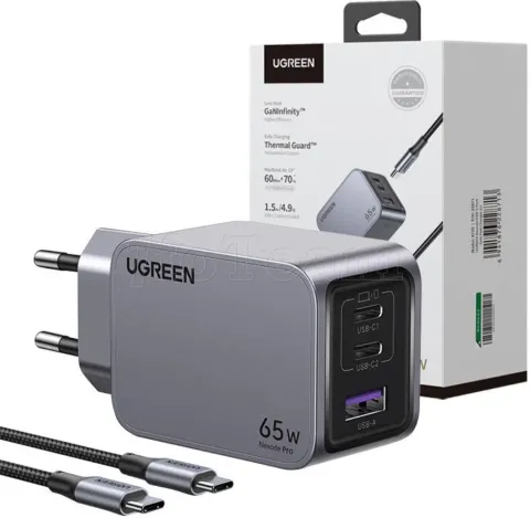 Photo de Chargeur secteur Ugreen Nexode Pro 1x USB-A +  2x USB-C 65W (Gris) + cable USB-C