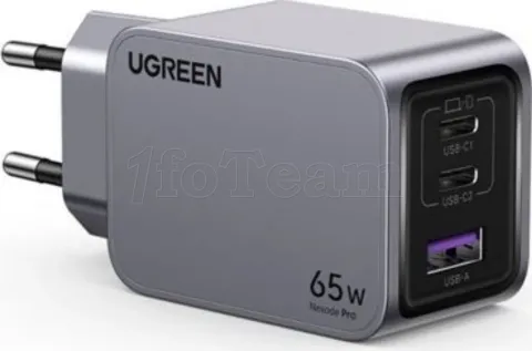 Photo de Chargeur secteur Ugreen Nexode Pro 1x USB-A +  2x USB-C 65W (Gris) + cable USB-C