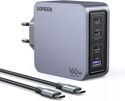Photo de Chargeur secteur Ugreen Nexode Pro 1x USB-A + 3x USB-C 160W + cable USB-C (Gris)
