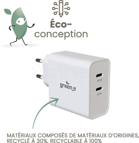 Photo de Chargeur secteur Universel Green-e 2x USB-C - 65W (Blanc)