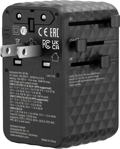 Photo de Chargeur secteur universel Verbatim 1x USB-A + 3x USB-C 170W (Noir)