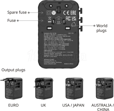 Photo de Chargeur secteur universel Verbatim 1x USB-A + 3x USB-C 170W (Noir)