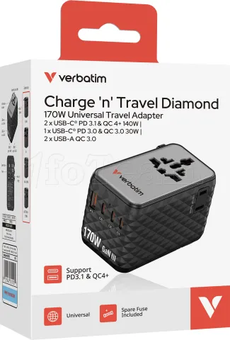 Photo de Chargeur secteur universel Verbatim 1x USB-A + 3x USB-C 170W (Noir)
