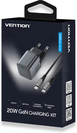Photo de Chargeur secteur Vention GaN 1x USB-C + Cable USB-C 20W (Gris)