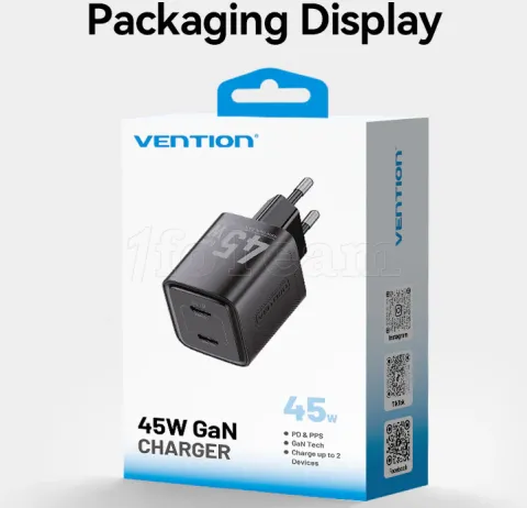 Photo de Chargeur secteur Vention GaN 2xUSB-C 45W (Noir)