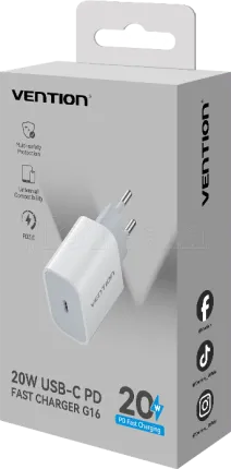 Photo de Chargeur secteur Vention USB-C + Cable USB-C M/M 1m 20W (Blanc)