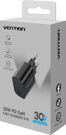 Photo de Chargeur secteur Vention USB-C + Cable USB-C M/M 1m 30W (Noir)