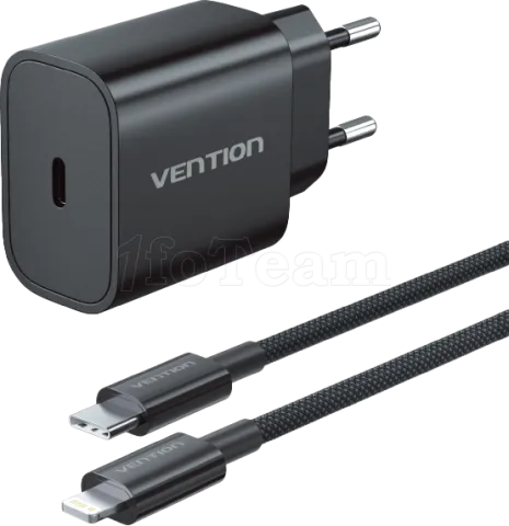 Photo de Chargeur secteur Vention USB-C + Cable USB-C vers Lightning 1m 20W (Noir)