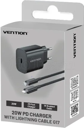 Photo de Chargeur secteur Vention USB-C + Cable USB-C vers Lightning 1m 20W (Noir)