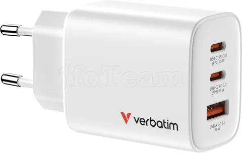Photo de Chargeur secteur Verbatim Essentials GaN 2x USB-C + 1x USB-A 65W (Blanc)