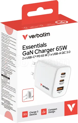 Photo de Chargeur secteur Verbatim Essentials GaN 2x USB-C + 1x USB-A 65W (Blanc)