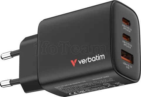 Photo de Chargeur secteur Verbatim Essentials GaN 2x USB-C + 1x USB-A 65W (Noir)