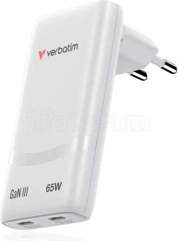 Photo de Chargeur secteur Verbatim Fold'n'Go GaN 2x USB-C 65W (Blanc)