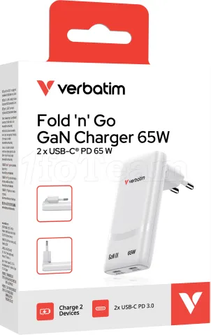 Photo de Chargeur secteur Verbatim Fold'n'Go GaN 2x USB-C 65W (Blanc)