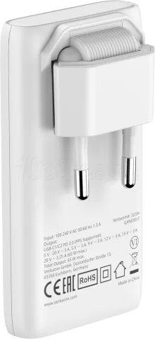 Photo de Chargeur secteur Verbatim Fold'n'Go GaN 2x USB-C 65W (Blanc)