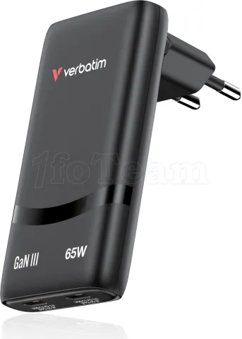 Photo de Chargeur secteur Verbatim Fold'n'Go GaN 2x USB-C 65W (Noir)